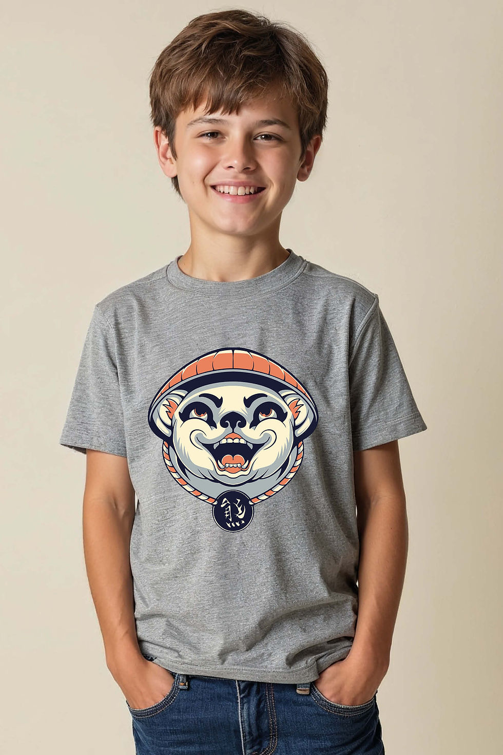 Laughing Tanuki in Straw Hat Kids Cotton Stylish Kids Graphic T-Shirt