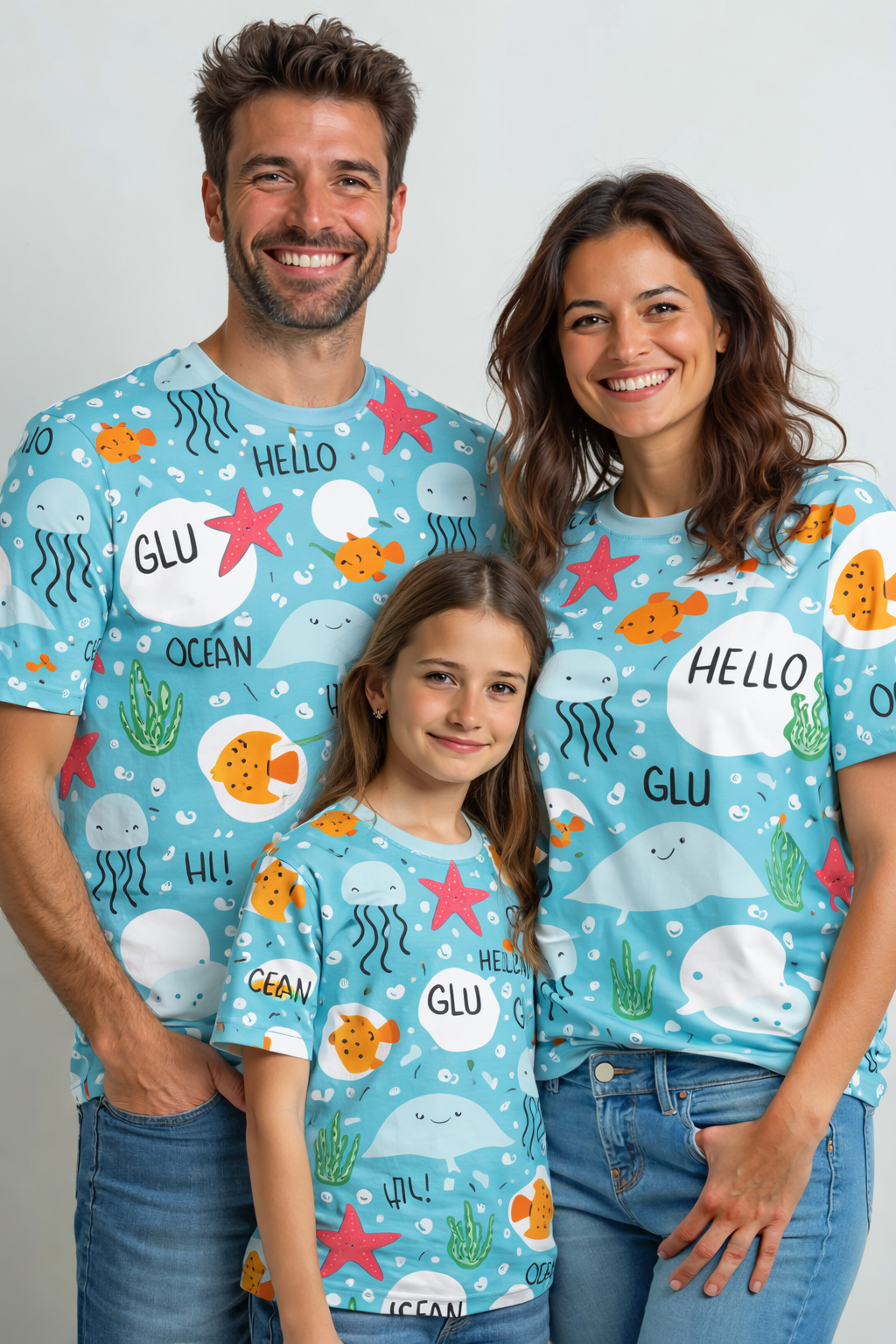 sea-themed family matching printed T-shirts pack of 3