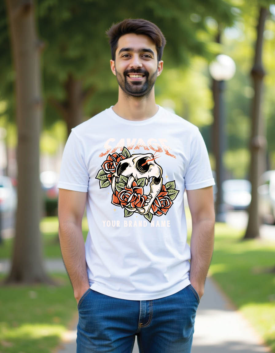 Thumbnail: tiger skull head with some roses mens printed graphic t shirts
