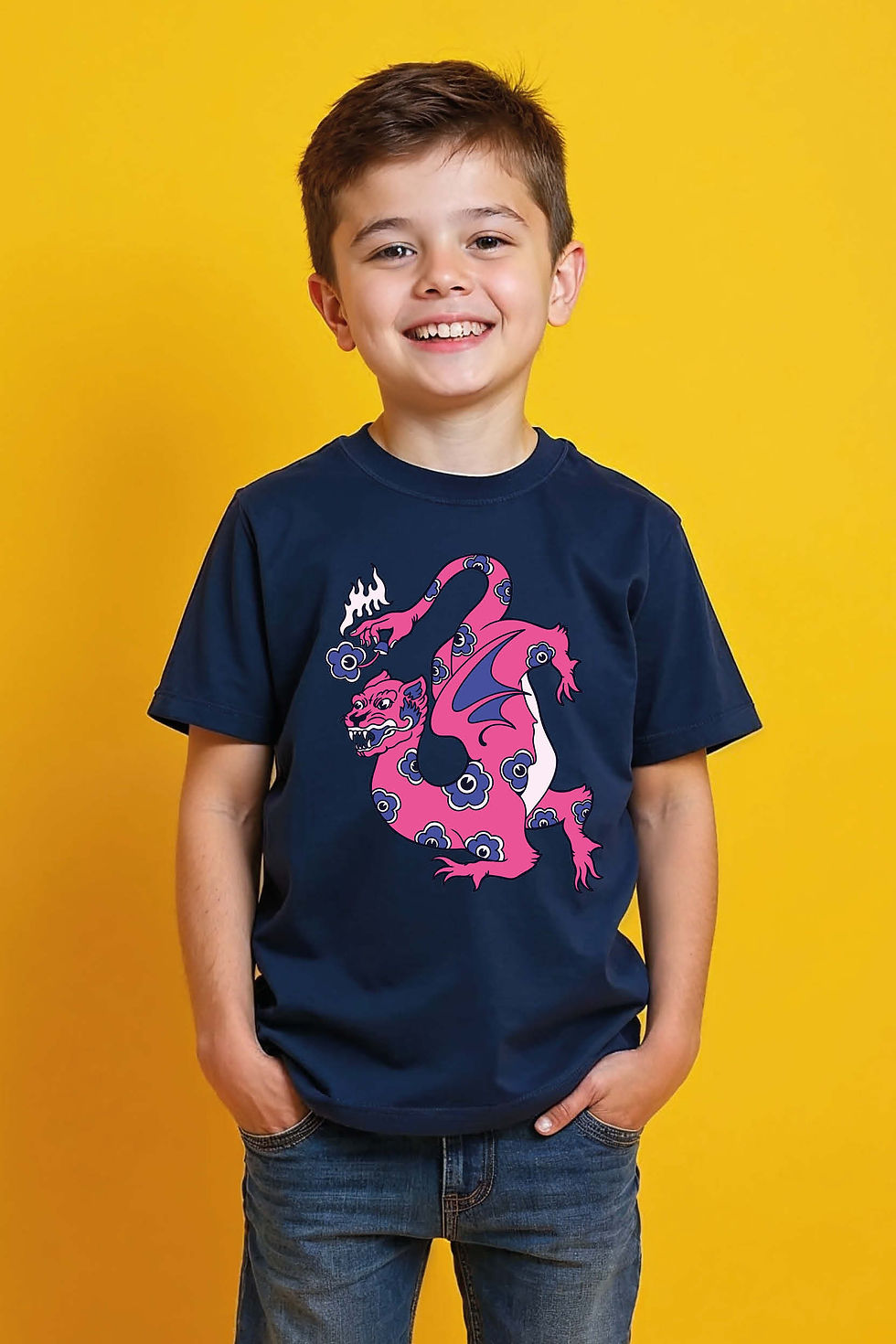 Thumbnail: Hot Pink Mythical Beast with Blue Spot Pattern Soft Kids Graphic Tee – Space