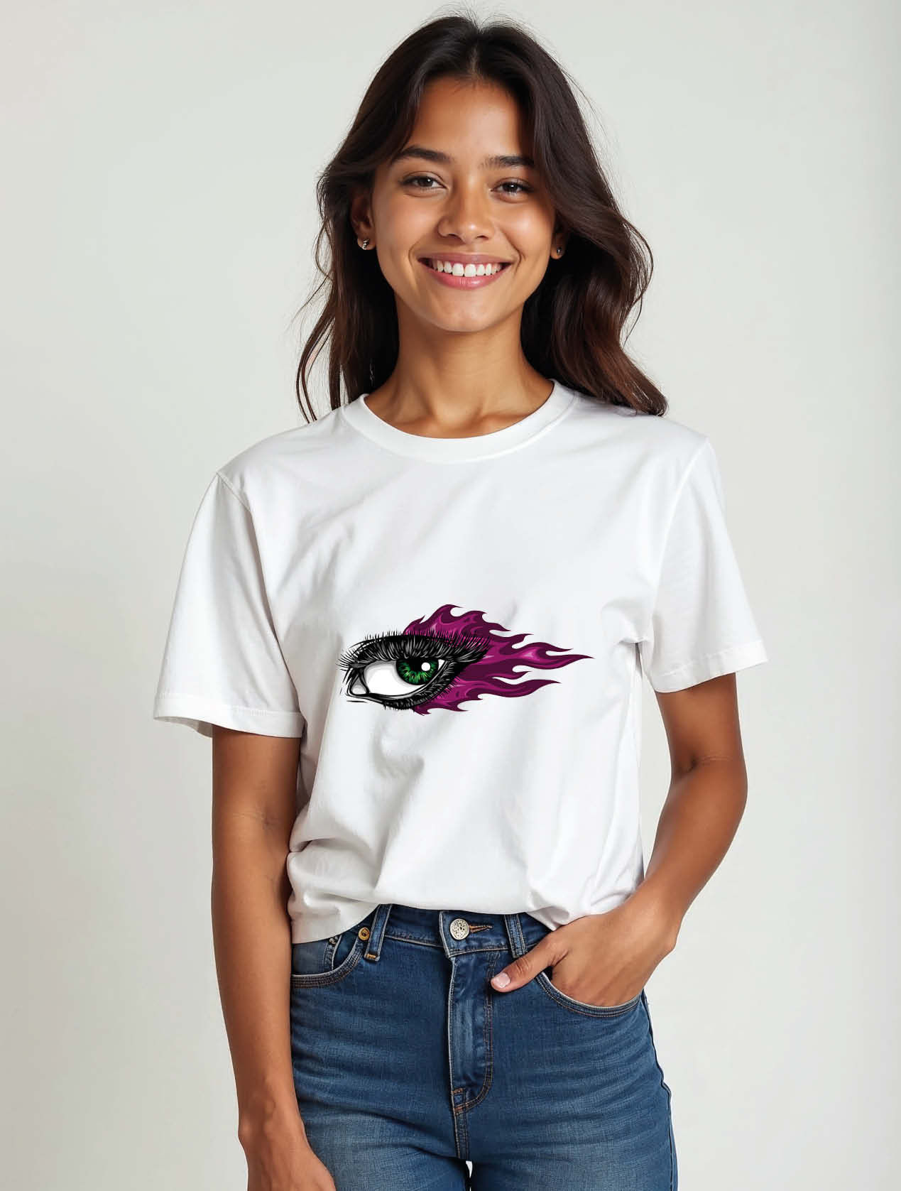 Flaming Eye White Chic Women’s Graphic Typography T-Shirt – Sale