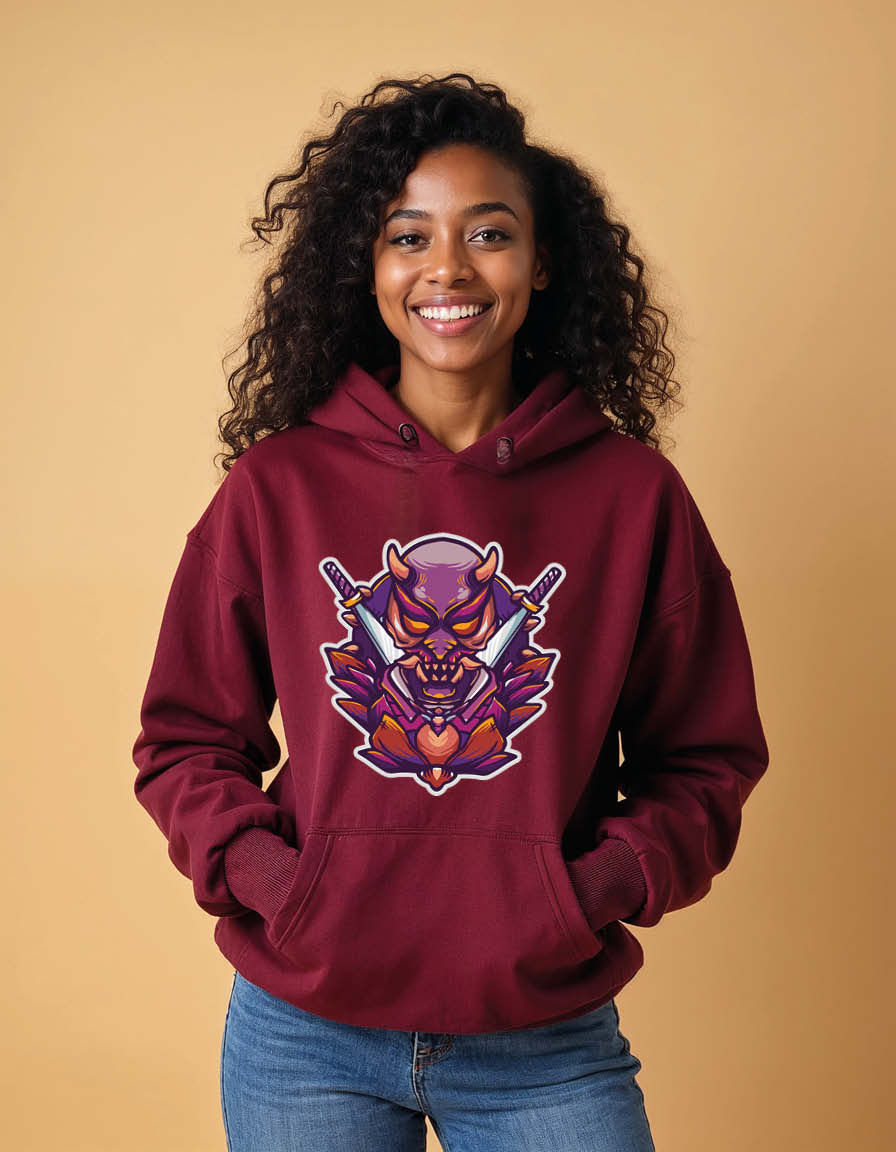 Thumbnail: Neon Samurai Oni Mask Artwork Streetwear Unisex Printed Graphic Hoodies