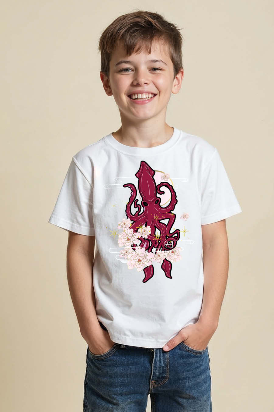 Thumbnail: Night Squid and Sakura Kid's Graphic T-Shirt Stylish Trendy Printed Tee for Kids