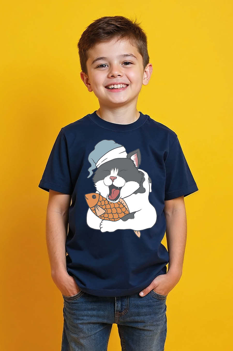 Sleepy Cat with Fish Graphic T-Shirt – Cute & Cozy Design Trendy Printed