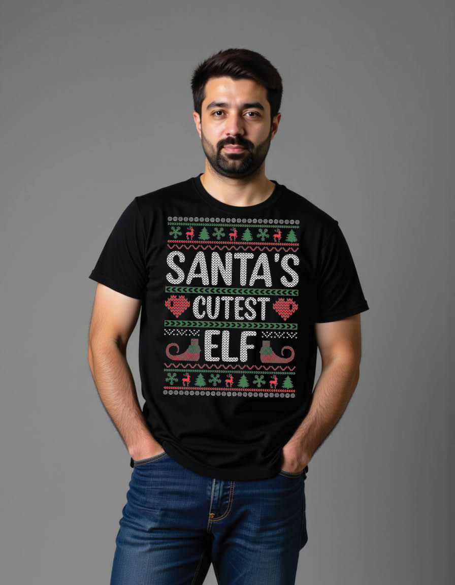 Thumbnail: santas cutest elf ugly christmas sweater mens printed graphic t shirt
