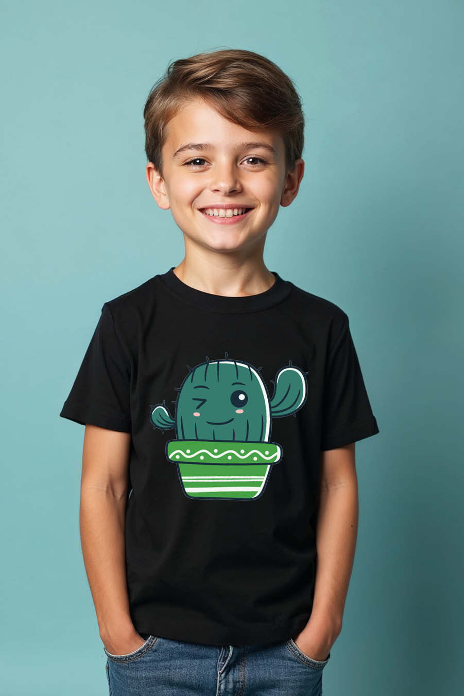 Thumbnail: Winking Kawaii Potted Cactus Graphic T-Shirt Colorful Typography Print T-Shirt