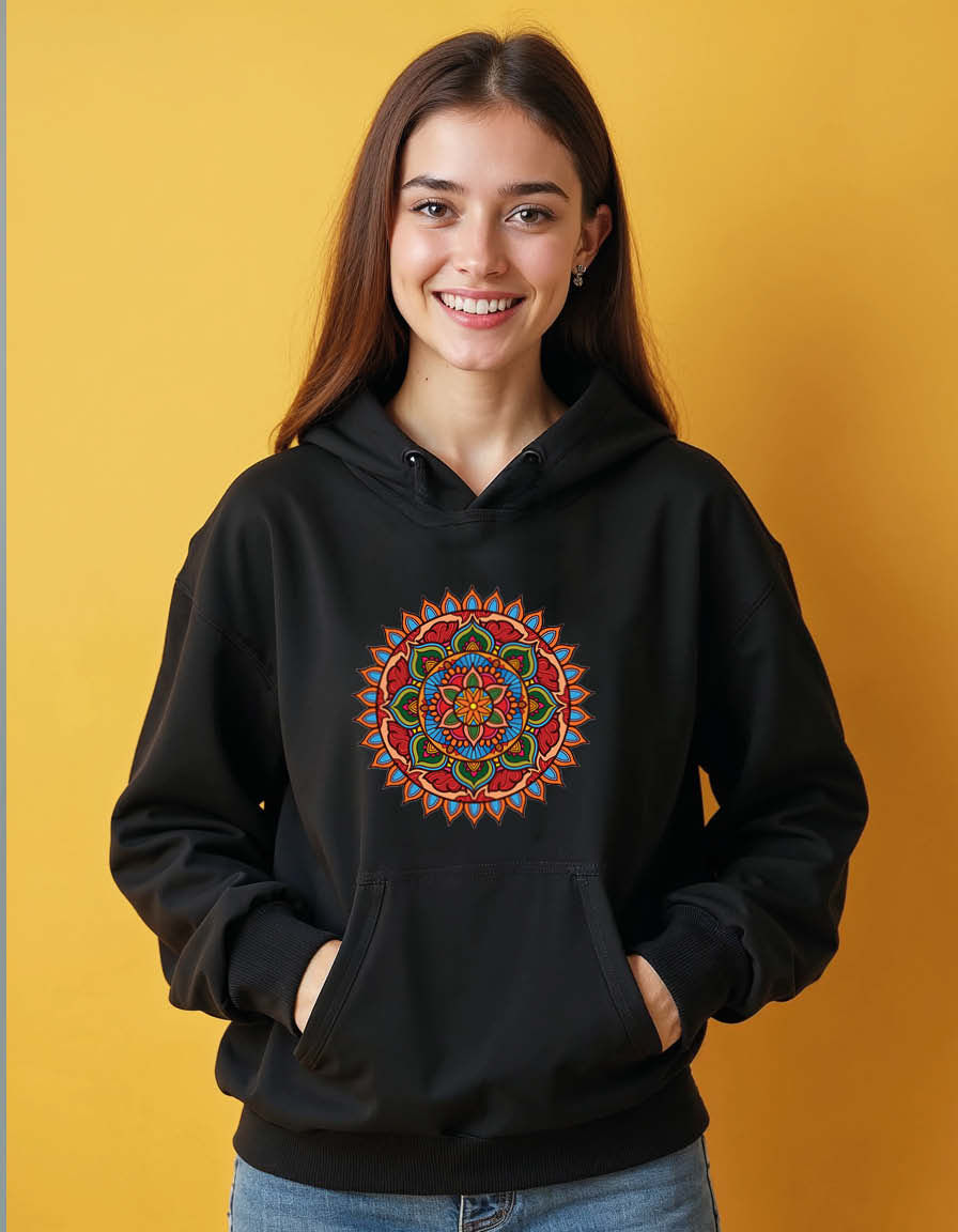 Thumbnail: Sacred Mandala Sun Face Art Casual Unisex Printed Graphic Hoodie For Men & Women
