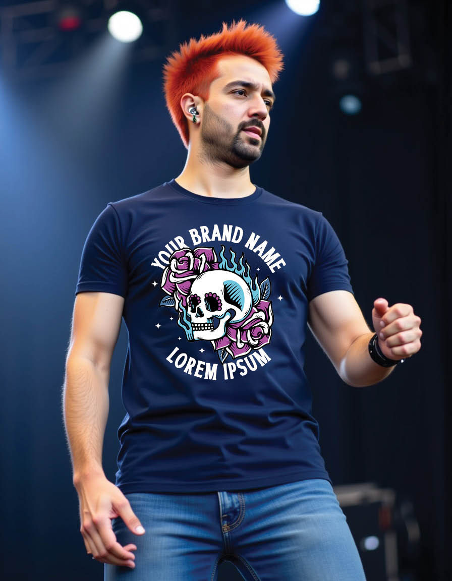 Thumbnail: skull head with roses fire mens printed graphi t shirt