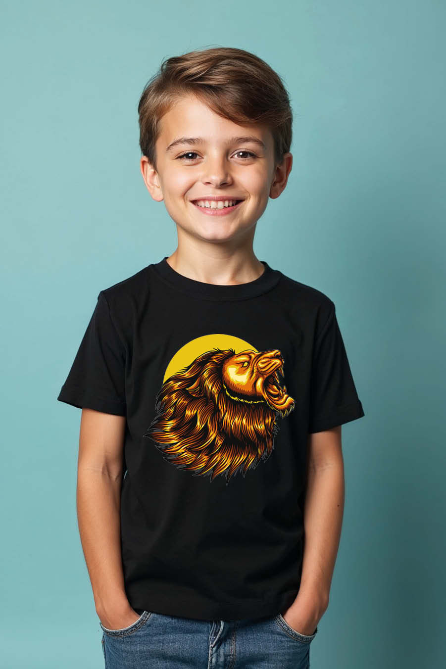 Roaring Golden Lion Head Graphic T-Shirt Everyday Trendy Printed Tee for Kids