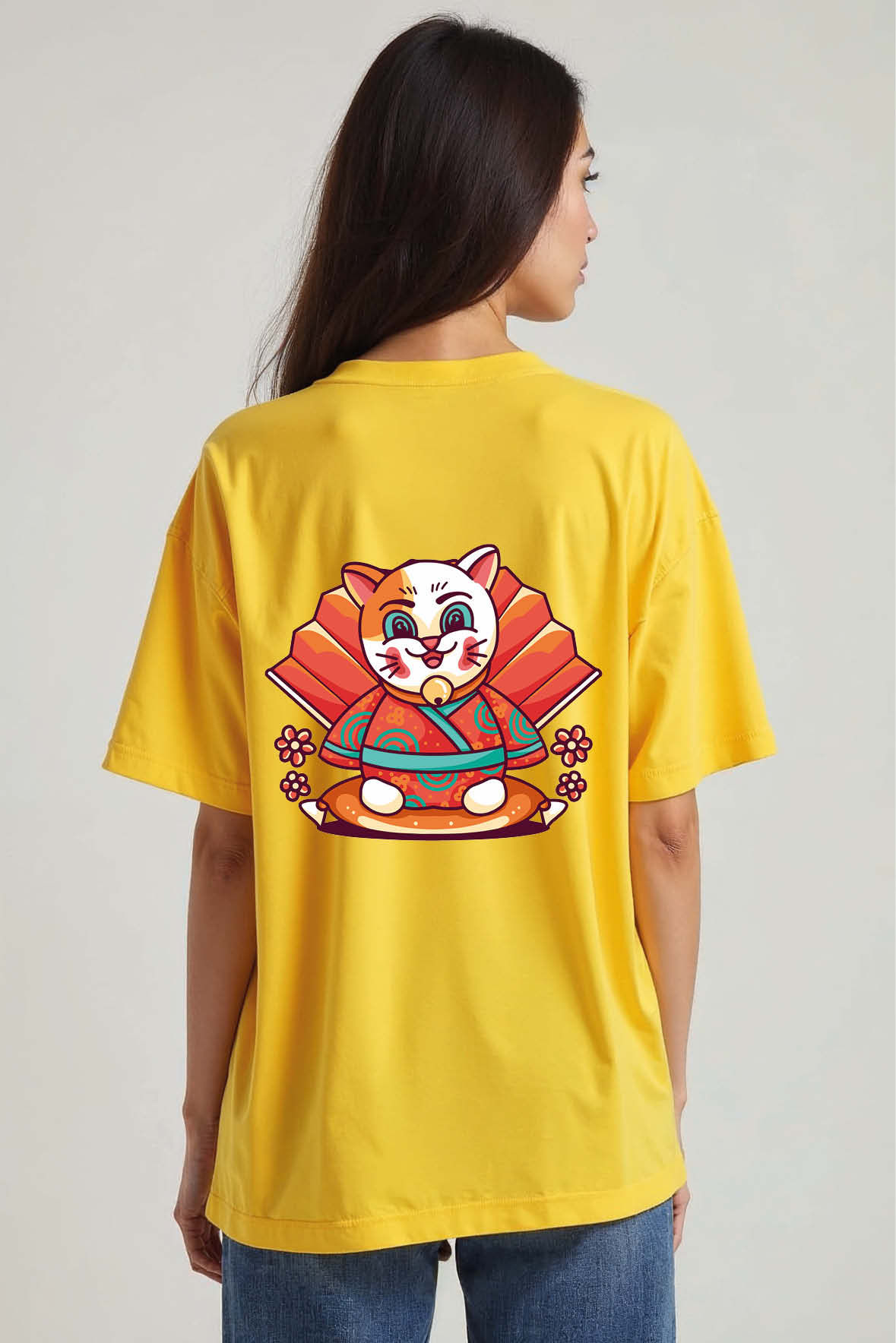Samurai Lucky Cat Stylish Classic Unisex Oversized Drop Shoulder Tees