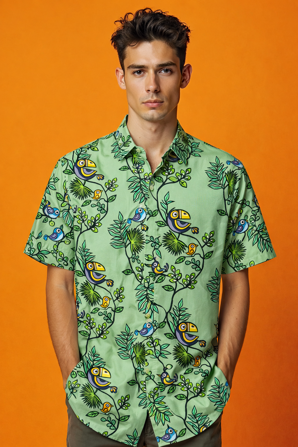 Fashion model with cartoon bird Artistic Urban Patterned All Over Print Shirt