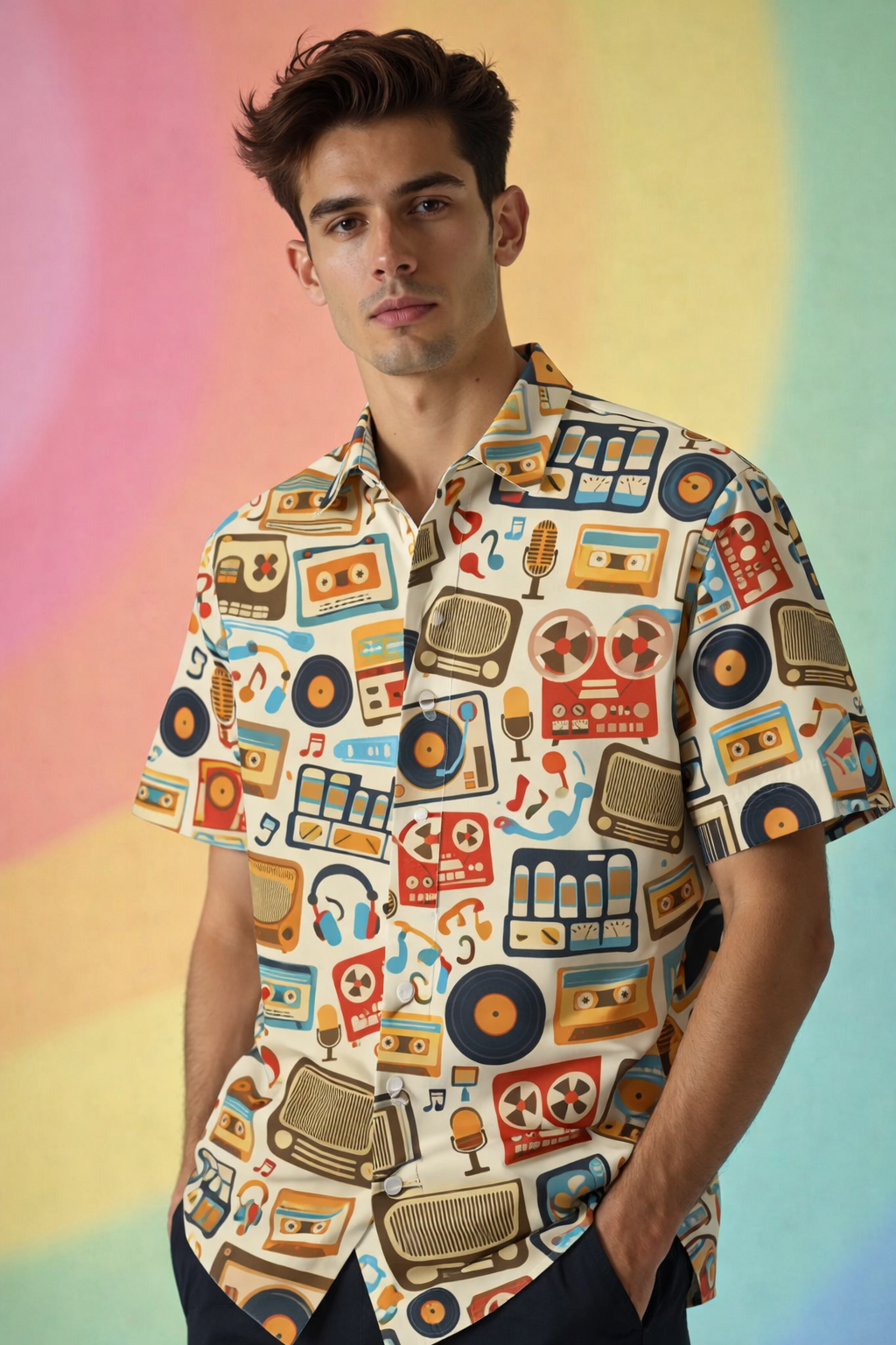 Retro vibes with music icons Modern Urban Patterned Oversized Shirt