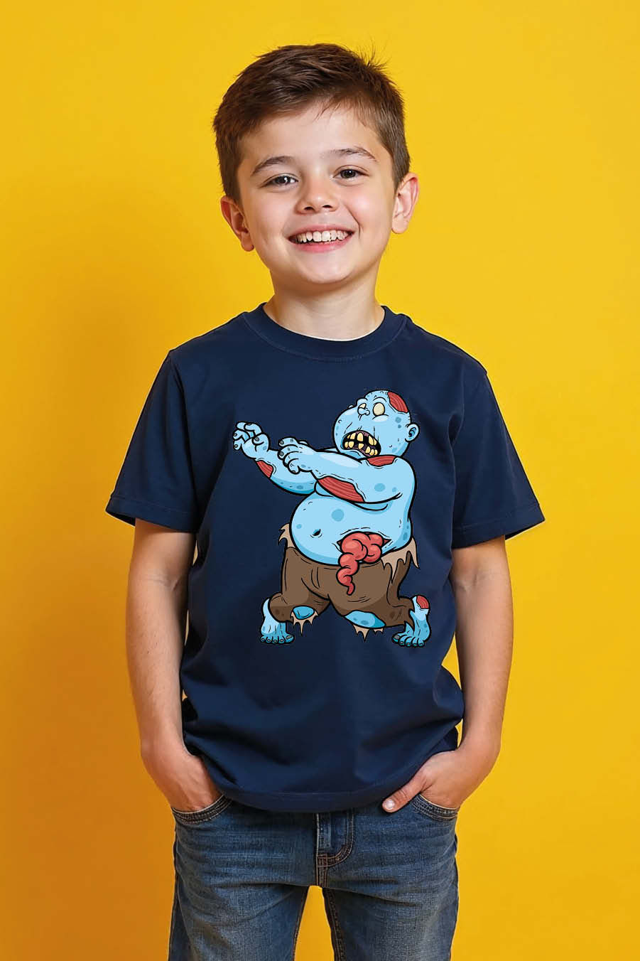 Thumbnail: Chubby Blue Zombie Exposed Guts Graphic T-Shirt Premium Kids Graphic Tee