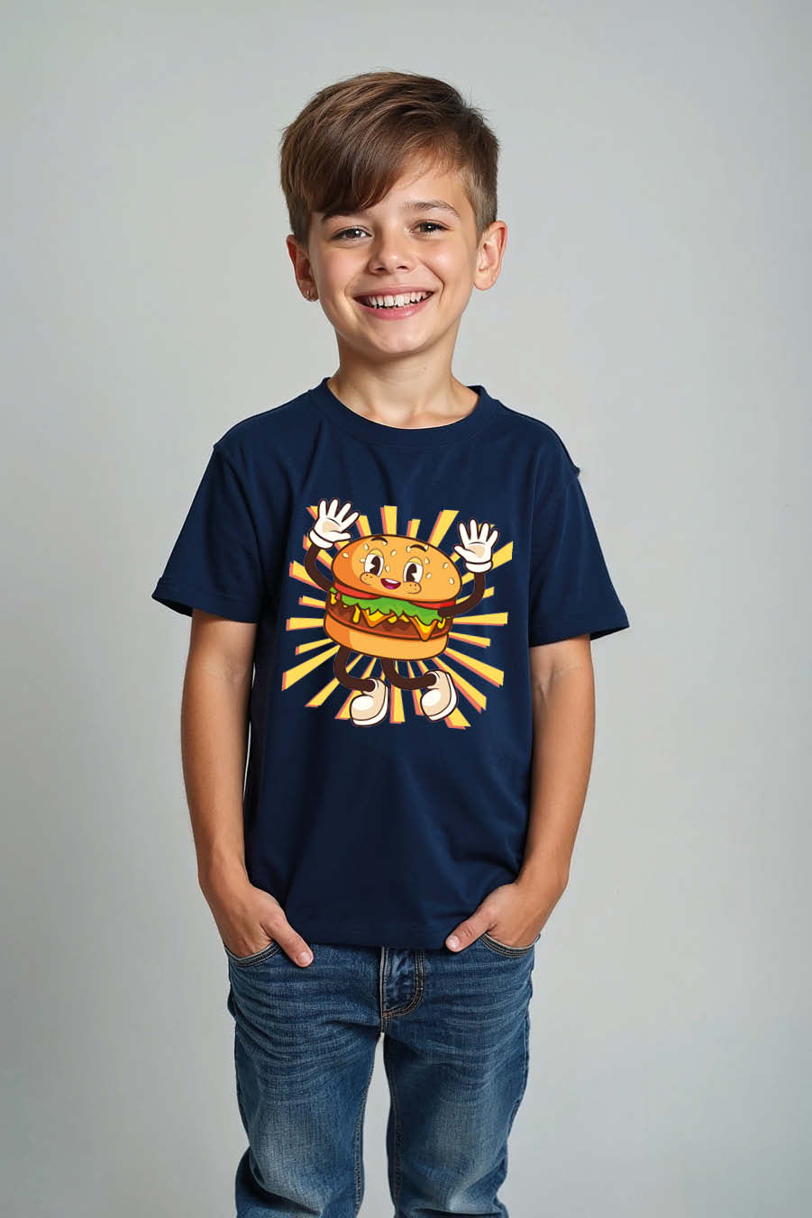 Thumbnail: Burger And French Fry Cotton Cool Cartoon Kids T-Shirt – Quote Print Design