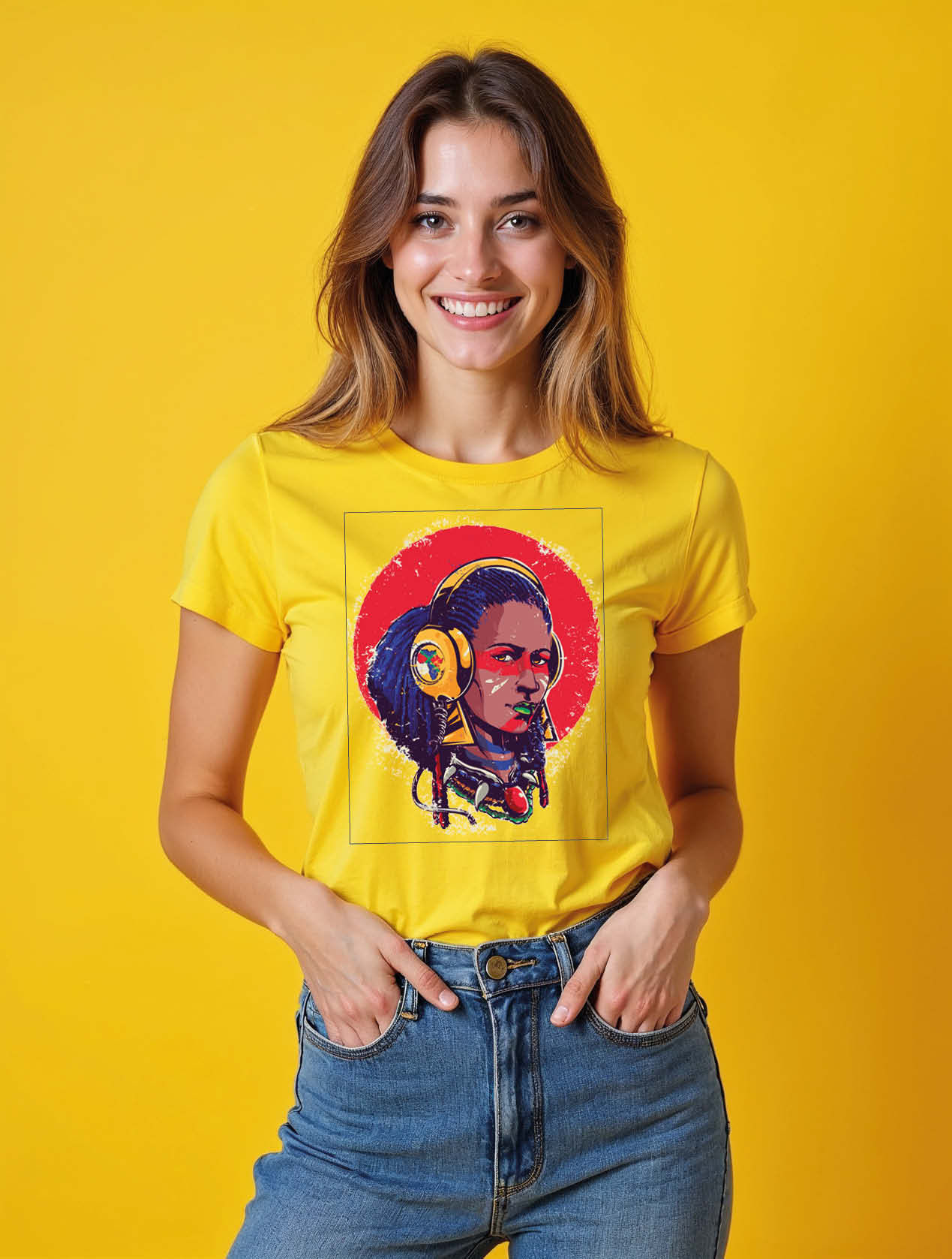 Afrofuturistic Woman with Headphones Trendy Women’s Printed Graphic T-Shirt