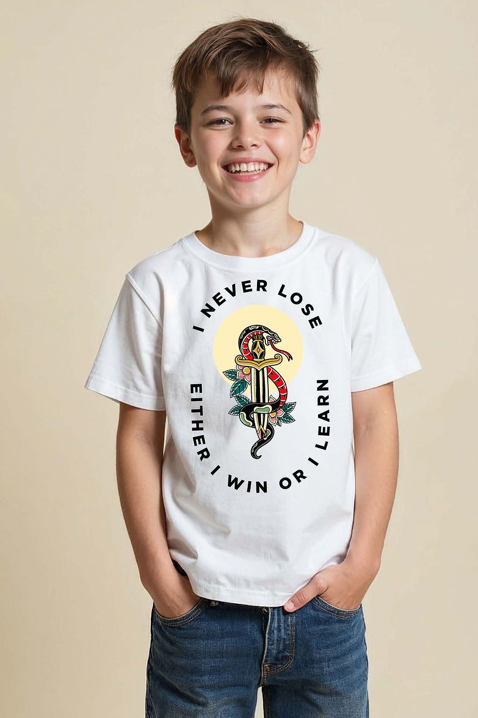 Thumbnail: I Never Lose Quote Graphic Kids T-Shirt – Motivational Snake Art Tee for Boys &