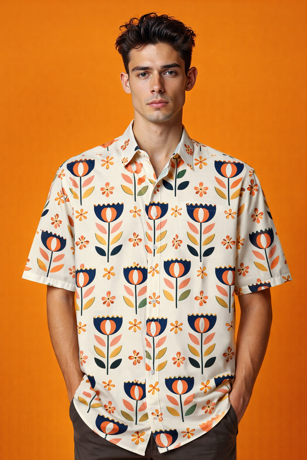 Flower Stems Design Oversized Patterned Shirt with Bold AOP