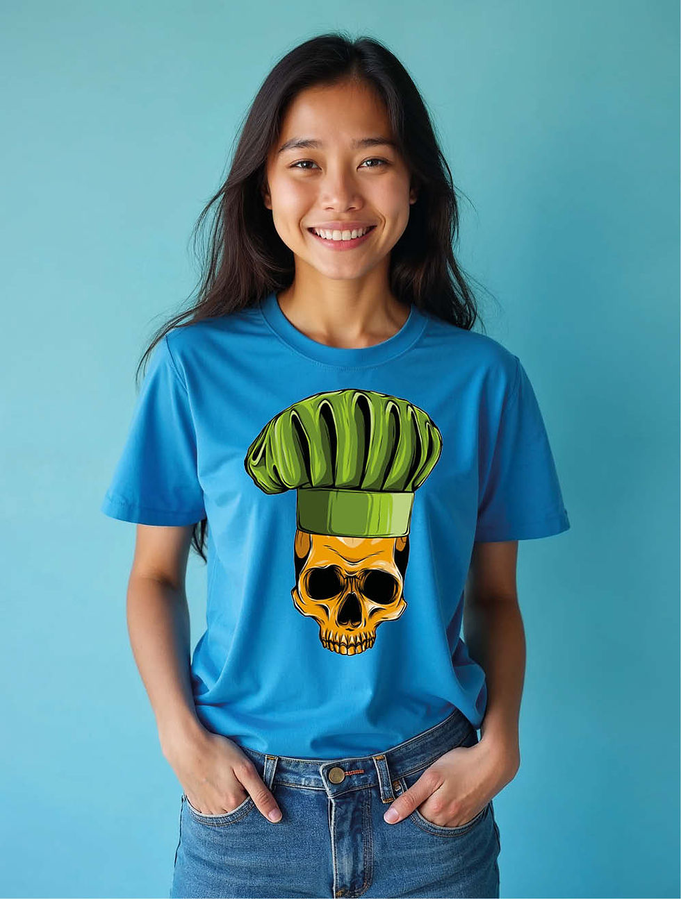 Thumbnail: Golden Skull with Green Chef Hat Trendy Women’s Printed Graphic Streetwear Tees