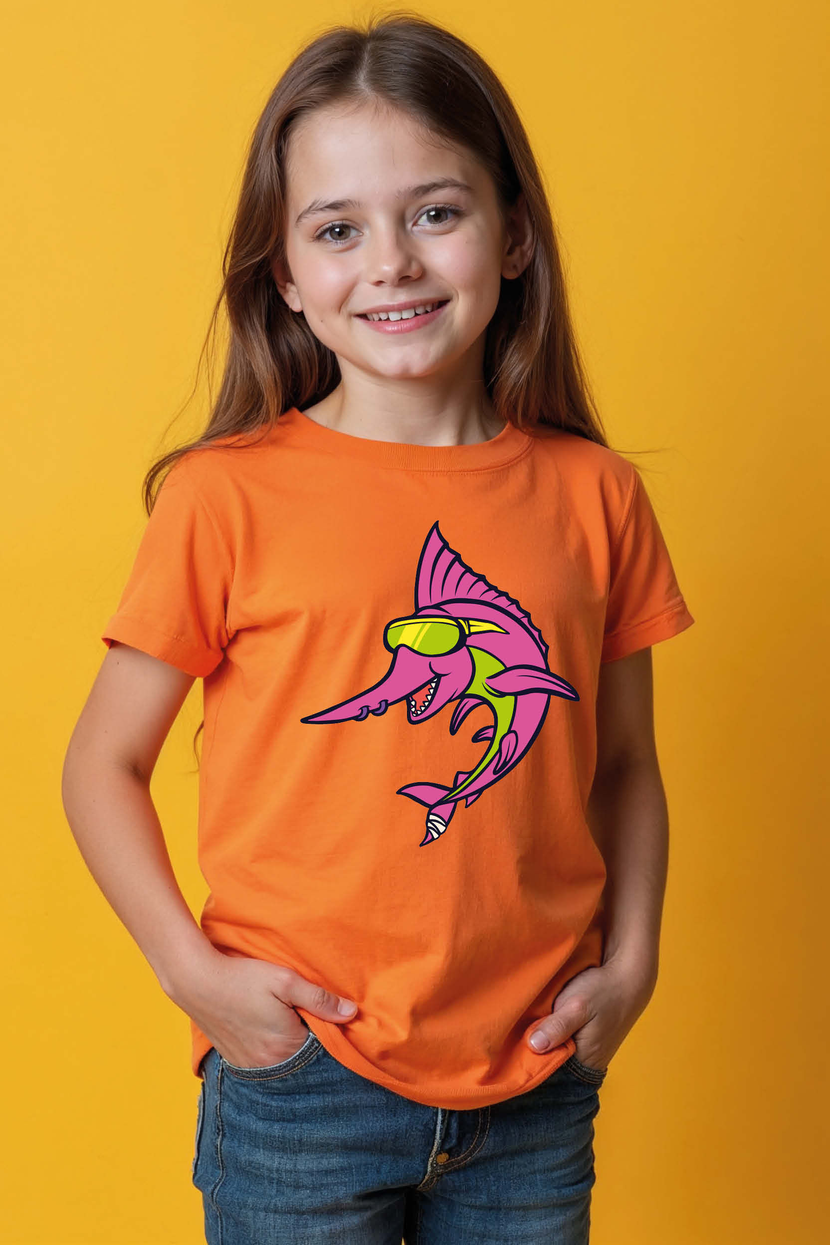 Cool Pink Swordfish with Goggles Graphic T-Shirt Cotton Kids Graphic Tee