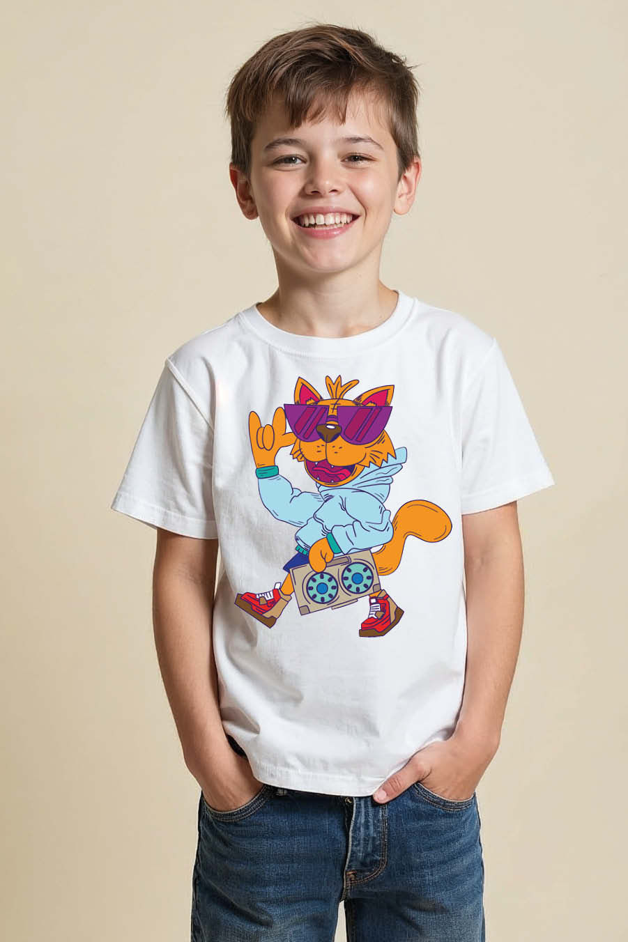 Thumbnail: Rock & Roll Cat Kid's Graphic T-Shirt Casual Kids Graphic Tee – Drawing Print