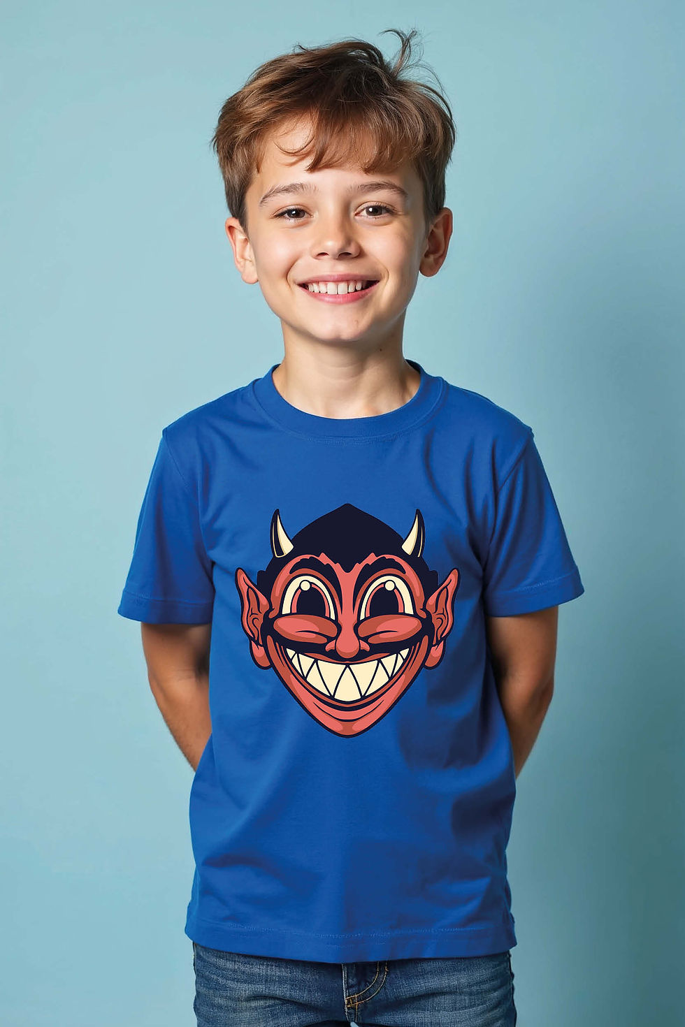 Thumbnail: Wide-Grinning Retro Cartoon Devil/Imp Face Graphic Tee Cotton Trendy Printed Tee