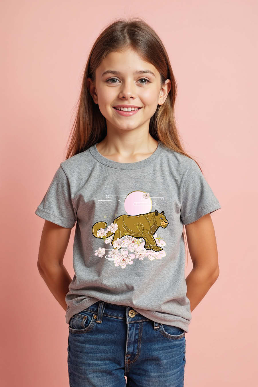 Thumbnail: Kids Big Cat T-Shirt with Cherry Blossoms and Pink Moon Graphic t shirt