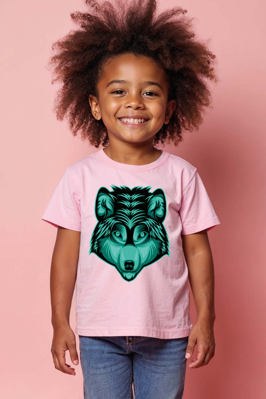 Thumbnail: Aqua Blue Stylized Wolf Head Graphic T-Shirt Modern Unisex Kids Graphic Tee