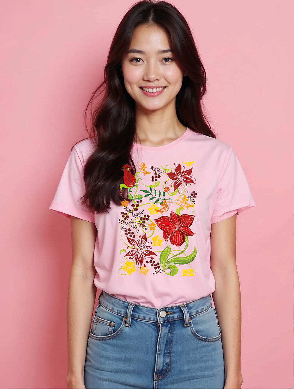 Thumbnail: Stylized Red Poinsettia and Berry Floral Chic Women’s Printed Graphic t shirt