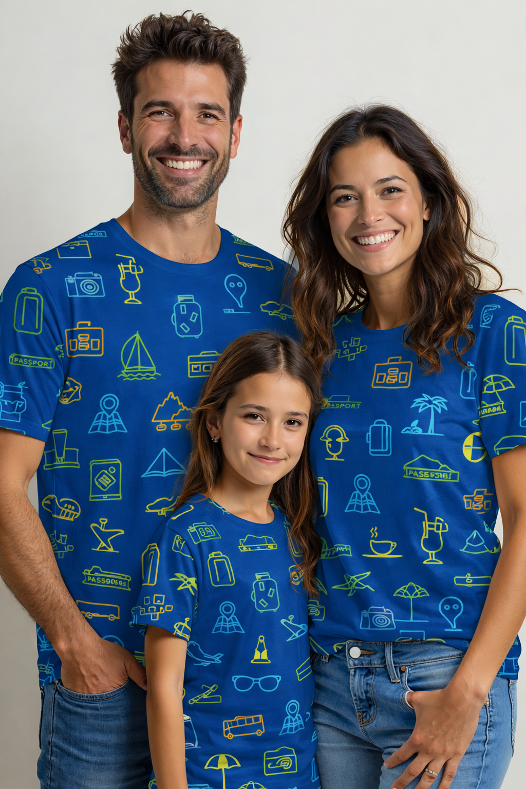 Family in travel-themed matching printed T-shirts pack of 3