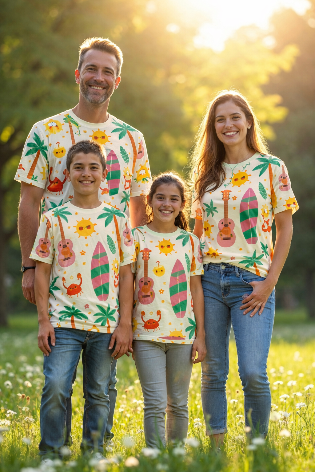 Family a vibrant tropical-themed graphic design matching printed tees pack of 4