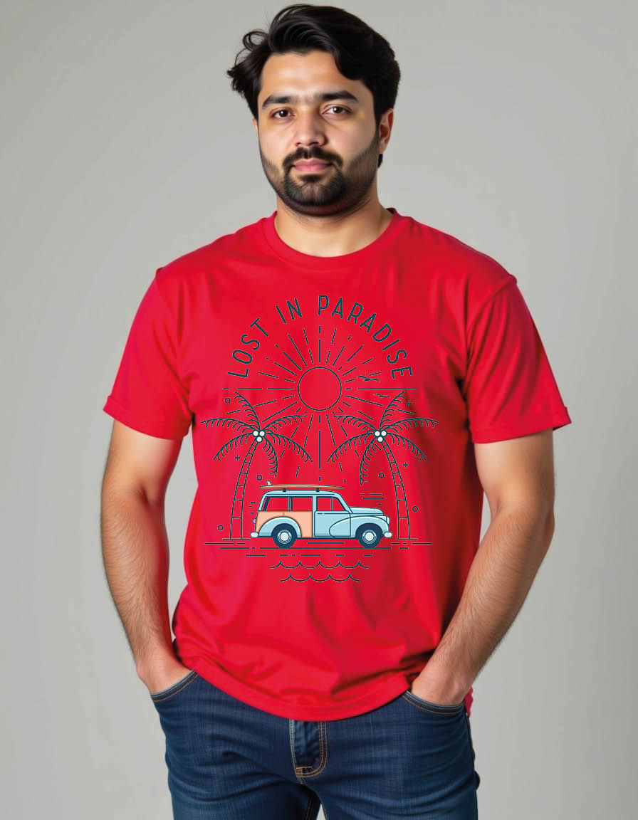 Thumbnail: summer vacation travel with retro car with surfmens printed graphic t shirt