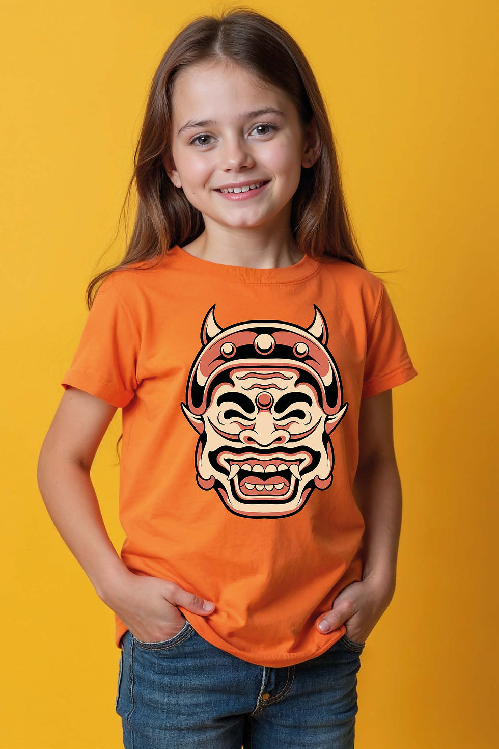 Thumbnail: Laughing/Smiling Horned Oni Mask Graphic Tee Colorful Cool Cartoon Kids T-Shirt