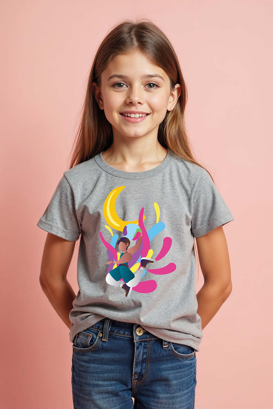Dynamic Dancer with Moon and Splashes Graphic T-Shirt Soft Kids Graphic Tee