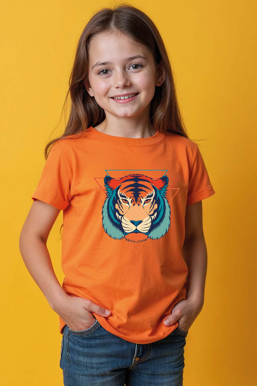 Geometric Tiger Head T-Shirt – Bold Blue & Orange Graphic on Vibrant Orange Tee