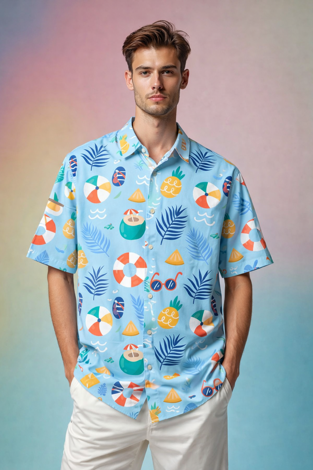 Vacation Style Urban Style Patterned Oversized Shirt with All Over Print