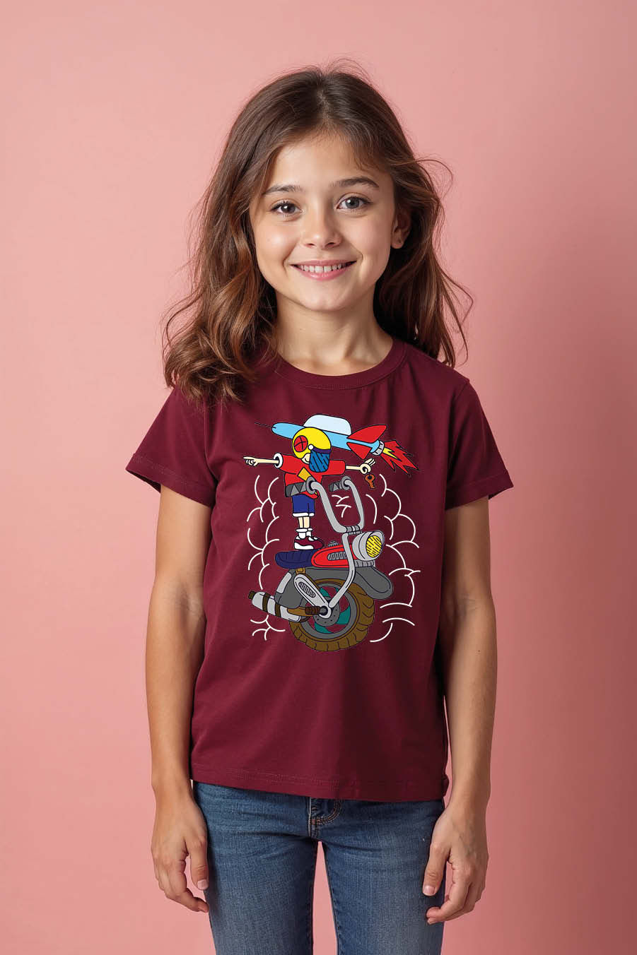 Thumbnail: Rocket-Powered Scooter Graphic Everyday Casual Kids Printed T-Shirt