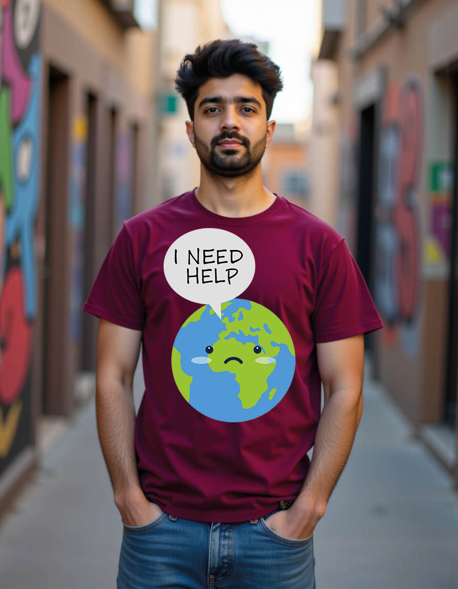 Thumbnail: earth with sad emoji face message bulb says i need help mensprintedgraphictshirt