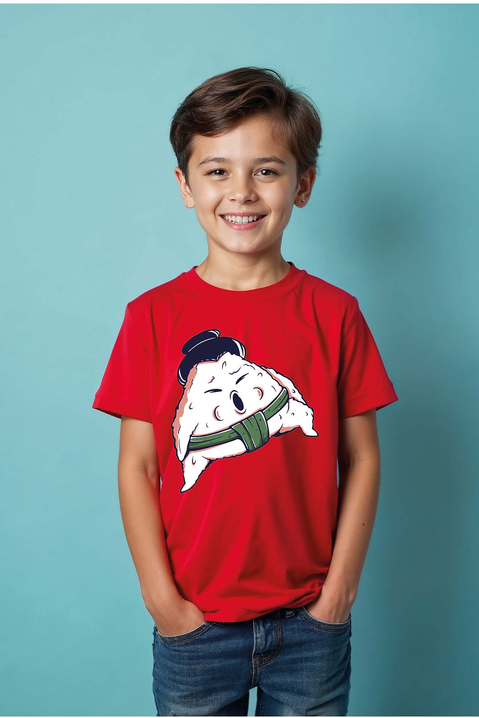 Kawaii Sumo Rice Ball/Onigiri Tee Colorful Typography Print T-Shirt for Kids