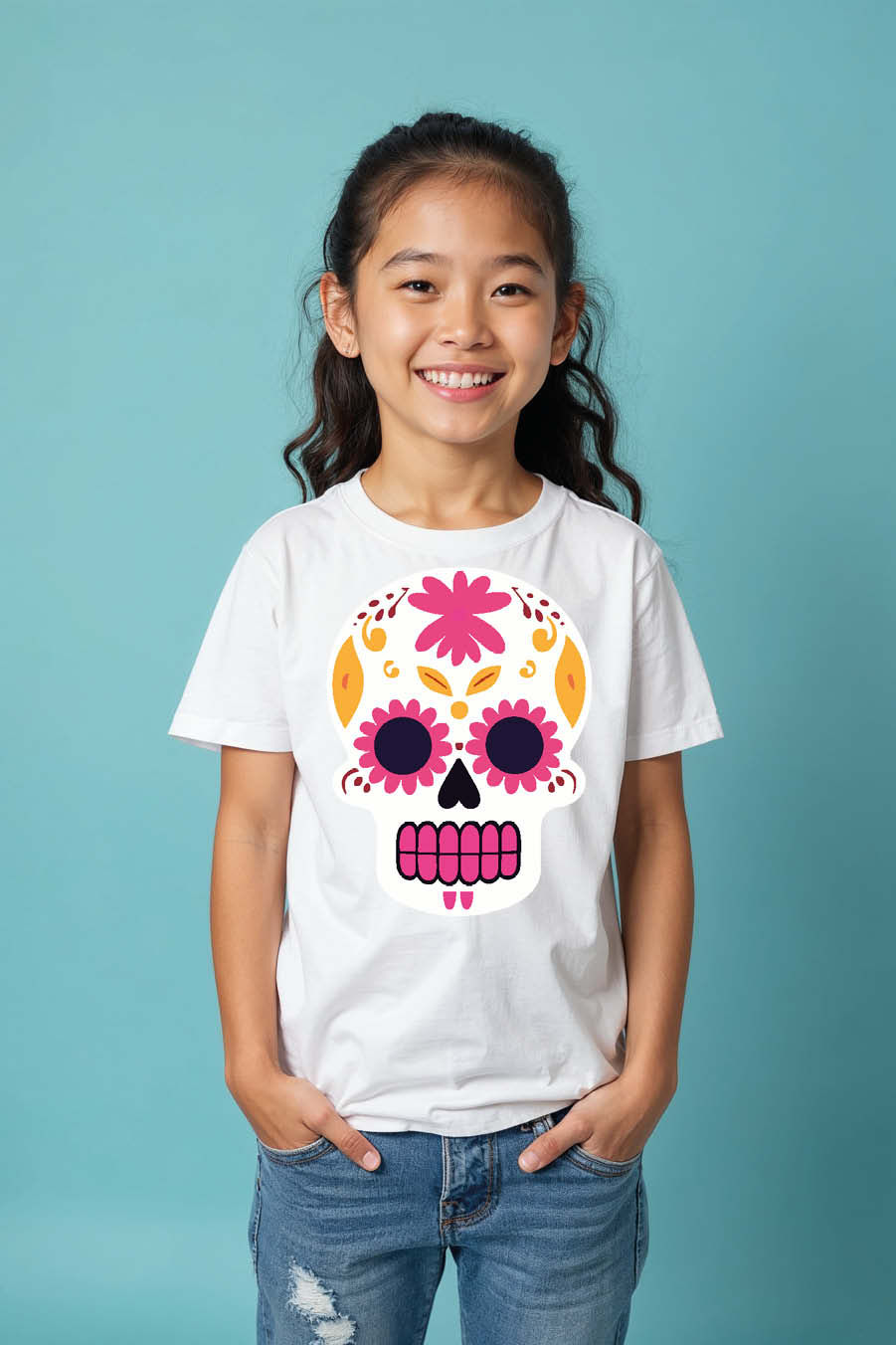 Thumbnail: Cute Sugar Skull Printed Kids T-Shirt – Stylish Unisex Graphic Tee for Boys & Gi