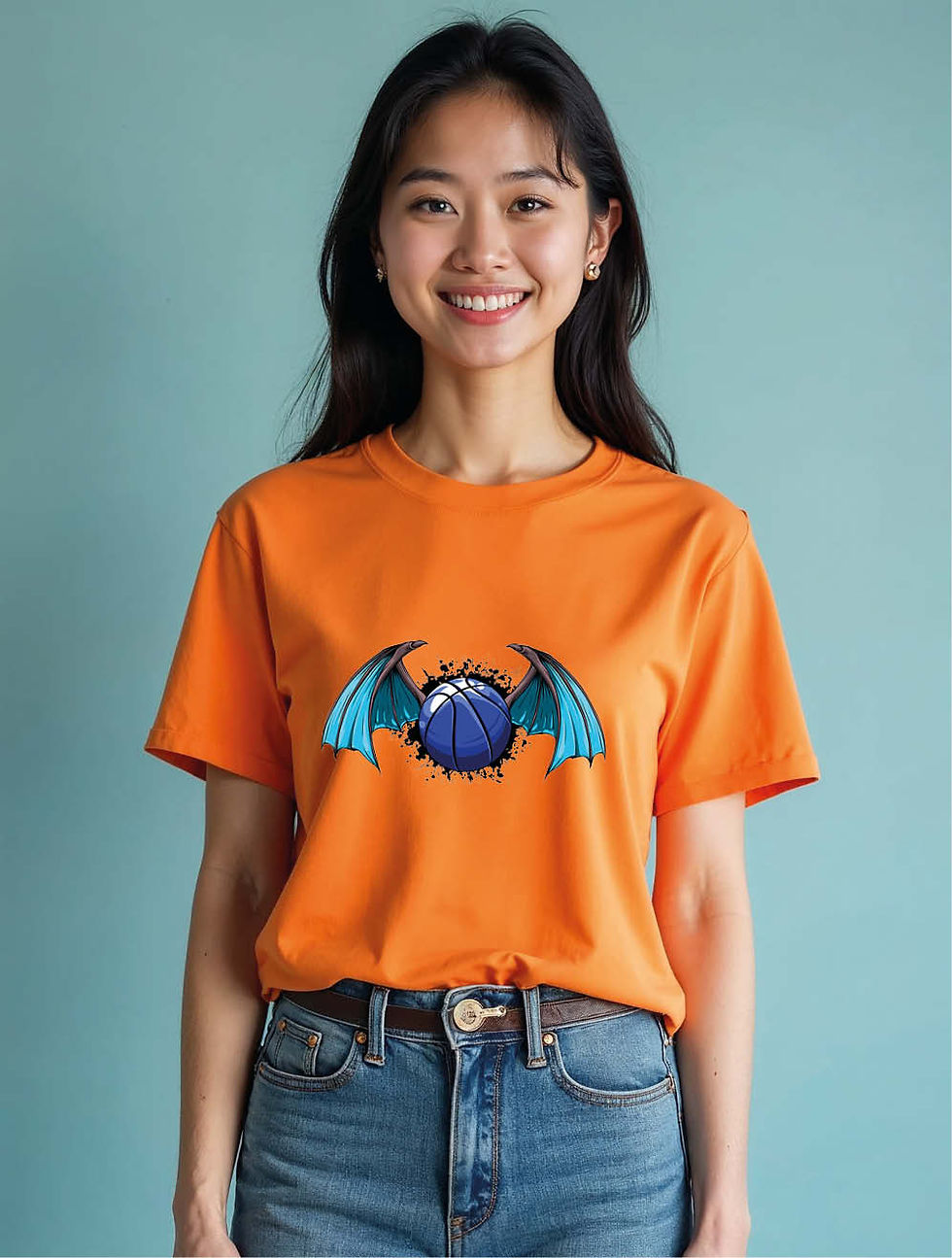 Thumbnail: Blue Basketball with Dragon Wings Stylish Women’s Printed Graphic Streetwear Tee