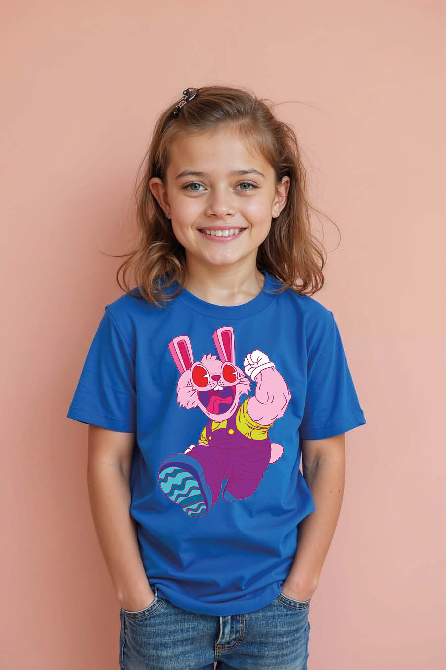 Thumbnail: Neon Power Bunny Overalls T-Shirt Trendy Trendy Printed Tee for Kids – Sports