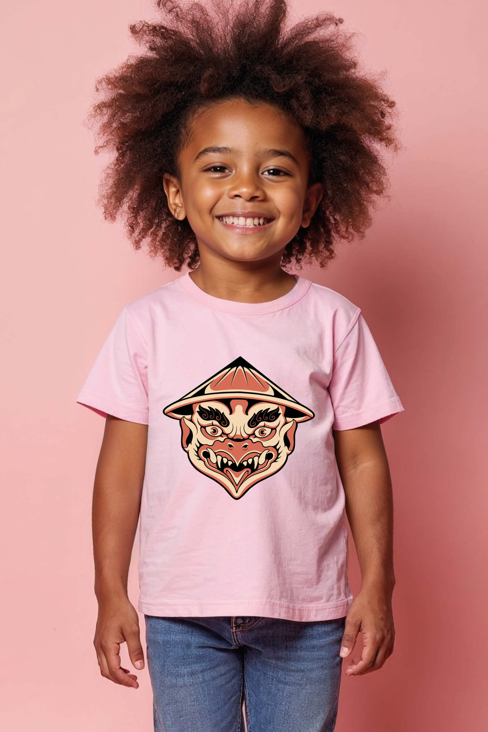 Oni Mask with Conical Hat Playful Cool Cartoon Kids T-Shirt – Illustration Print