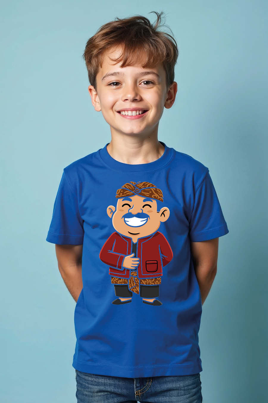 Thumbnail: Smiling Man in Traditional Javanese Attire Kids T-Shirt Stylish Casual Kids
