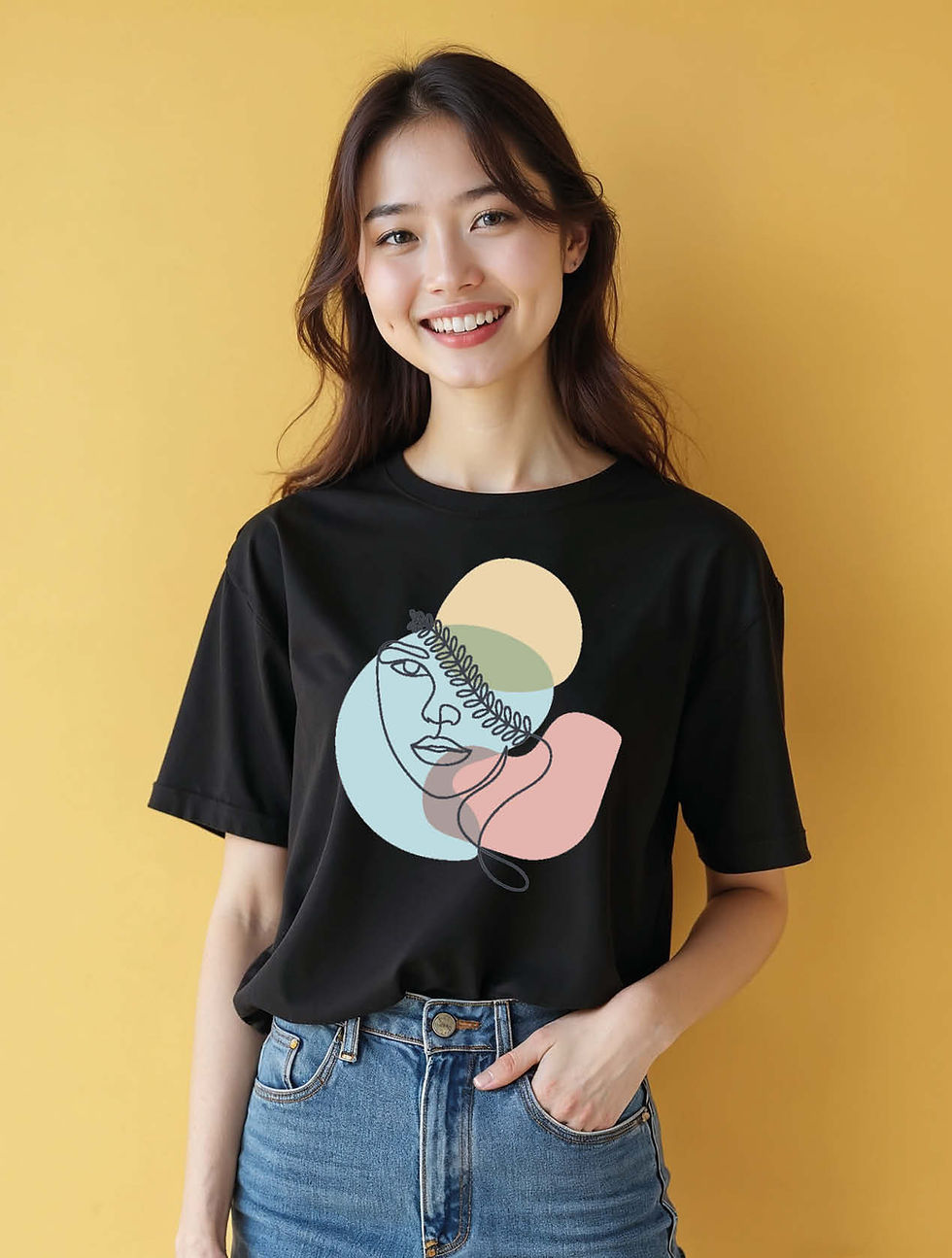 Thumbnail: Minimalist Face Line Art with Abstract Shapes Classic Women’s Printed T-Shirt