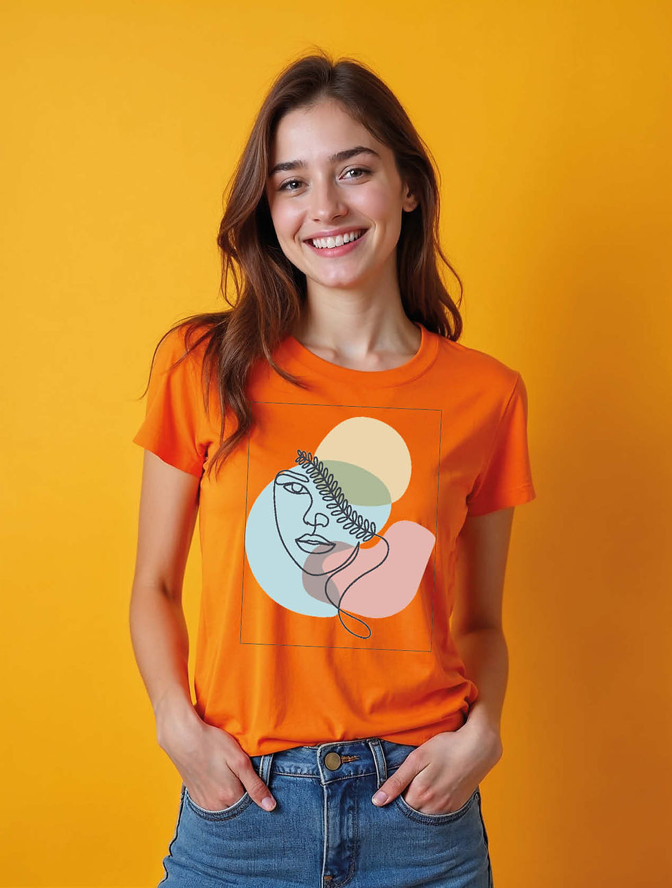 Thumbnail: Minimalist Face Line Art with Abstract Shapes Classic Women’s Printed T-Shirt