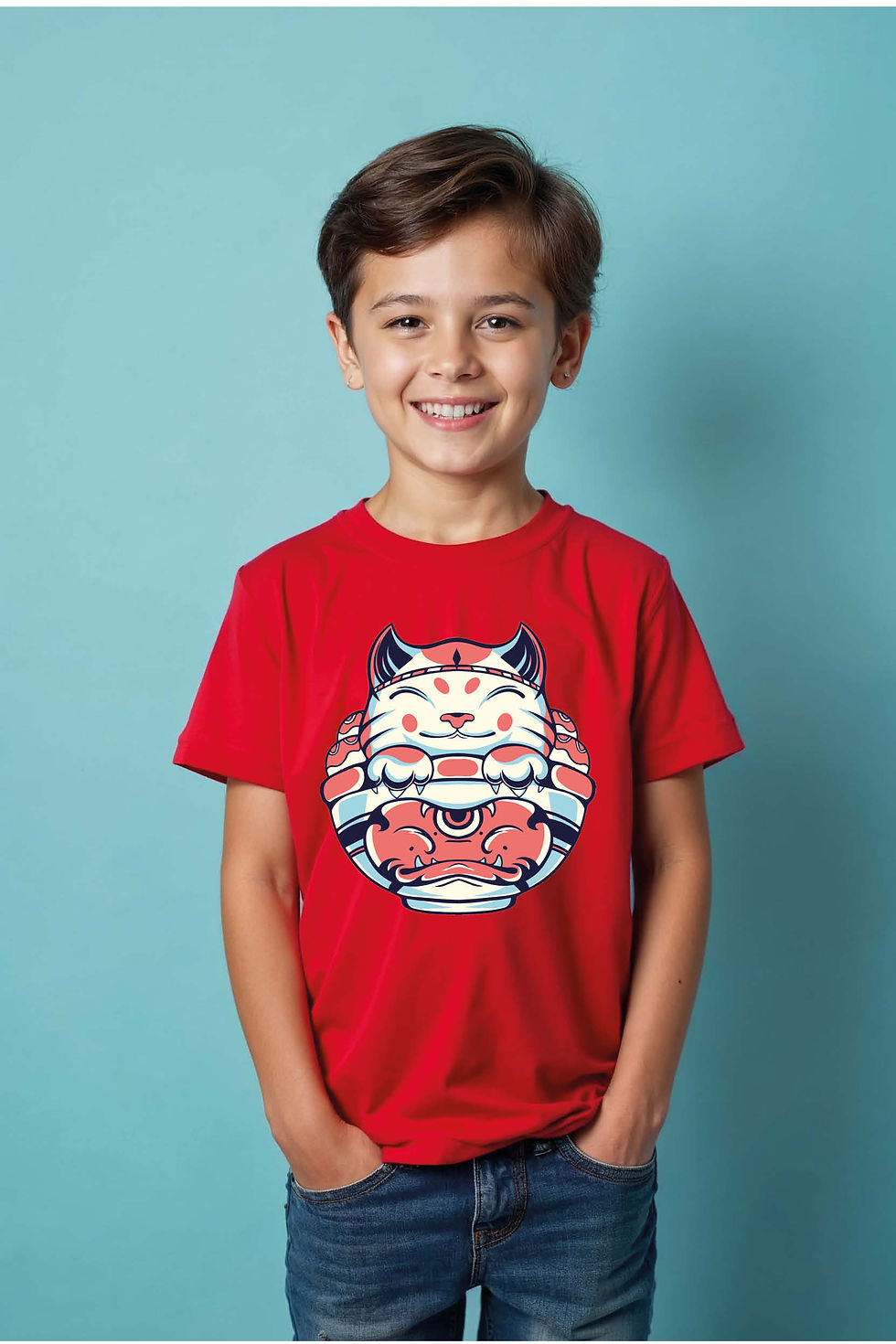 Smiling Japanese Lucky Cat Maneki NekoKid's T-Shirt Comfortable Cool  Kid