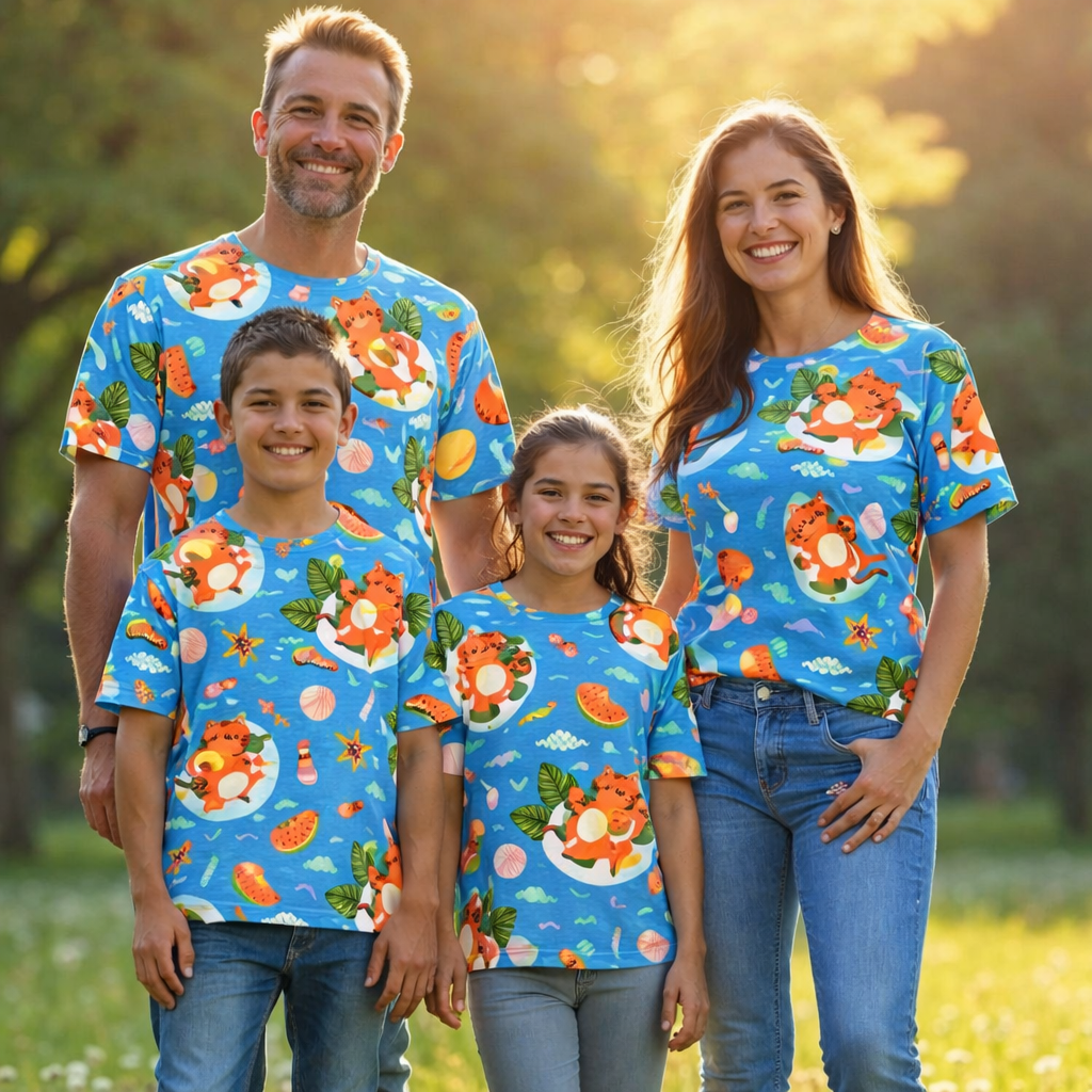 Family meadow with summer matching printed T-shirts pack of 4