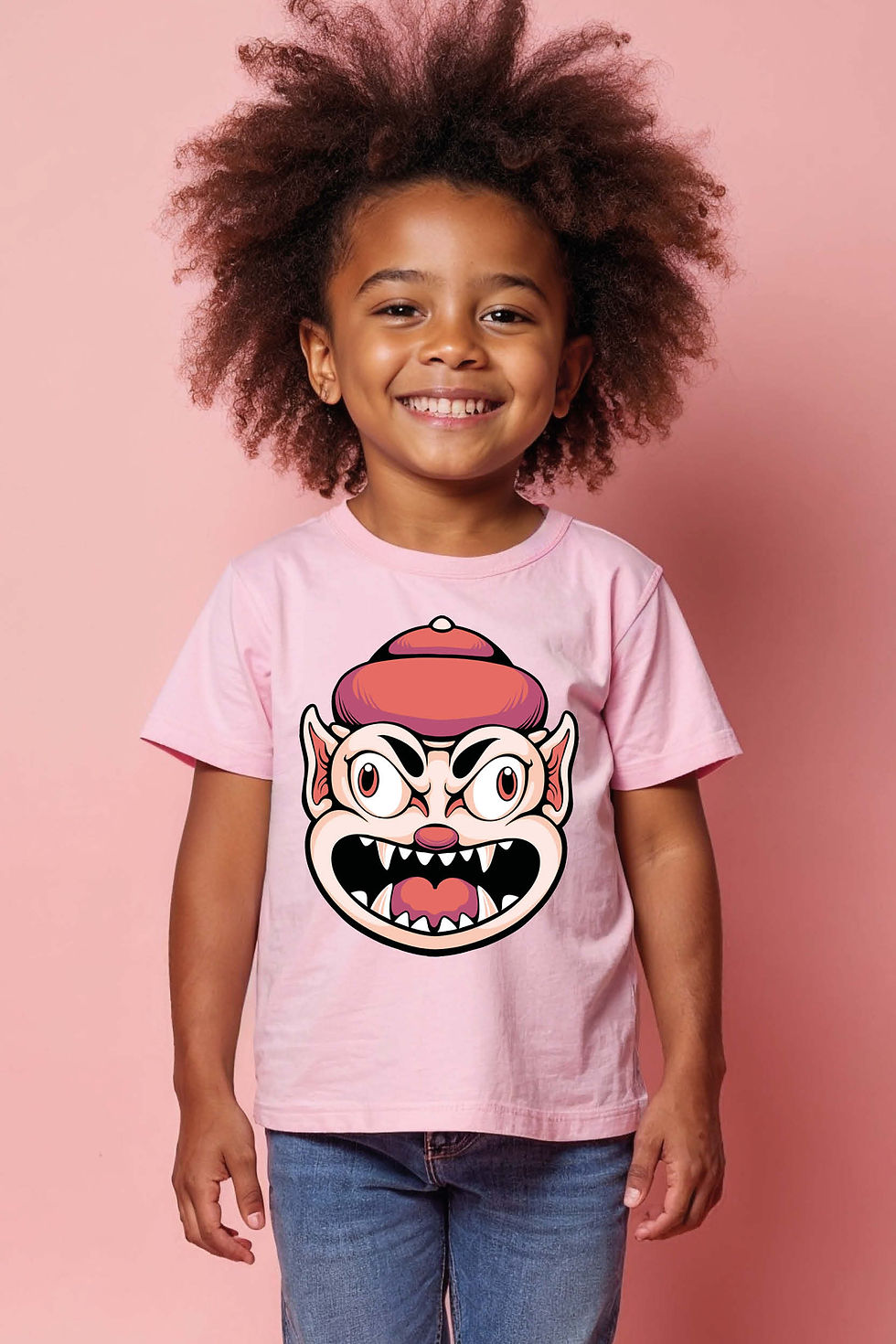 Grinning Fanged Imp/Gremlin with Red Hat Graphic Tee Colorful Cute Kids