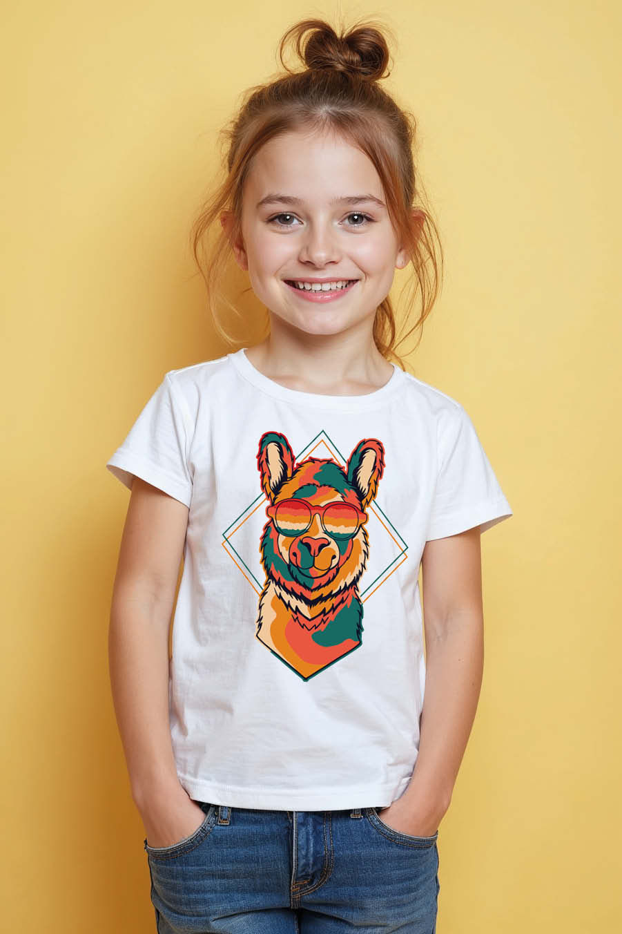 Colorful Abstract Llama with Sunset Sunglasses T-Shirt Fashion Unisex Kids