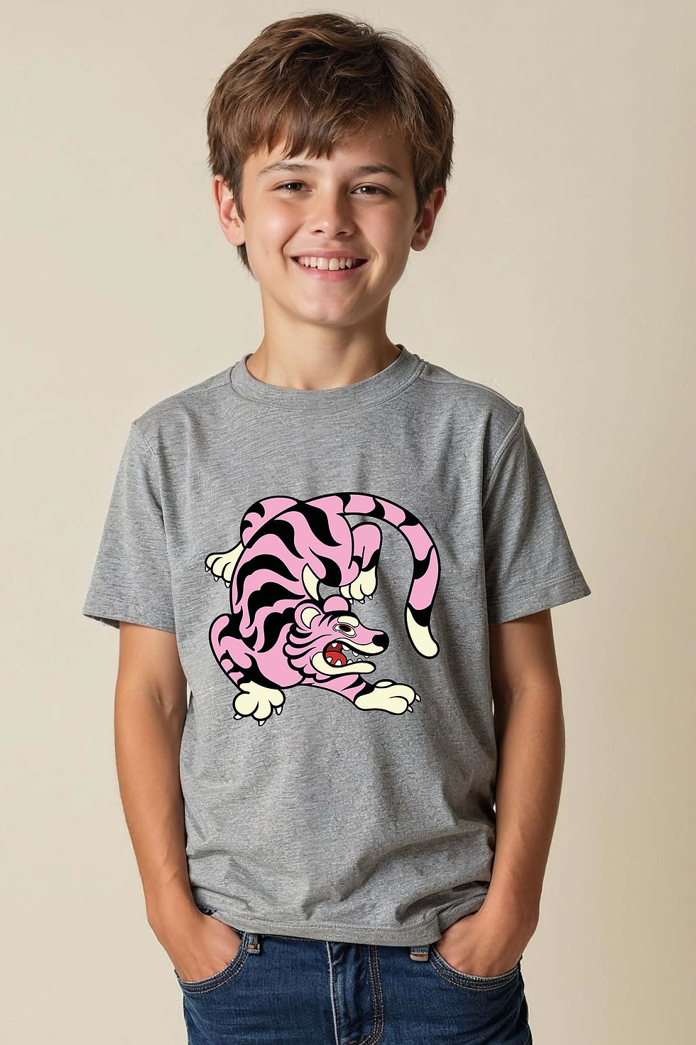 Thumbnail: Pink Tiger Graphic Kids T-Shirt – Wild Animal Art Print Tee for Boys & Gi
